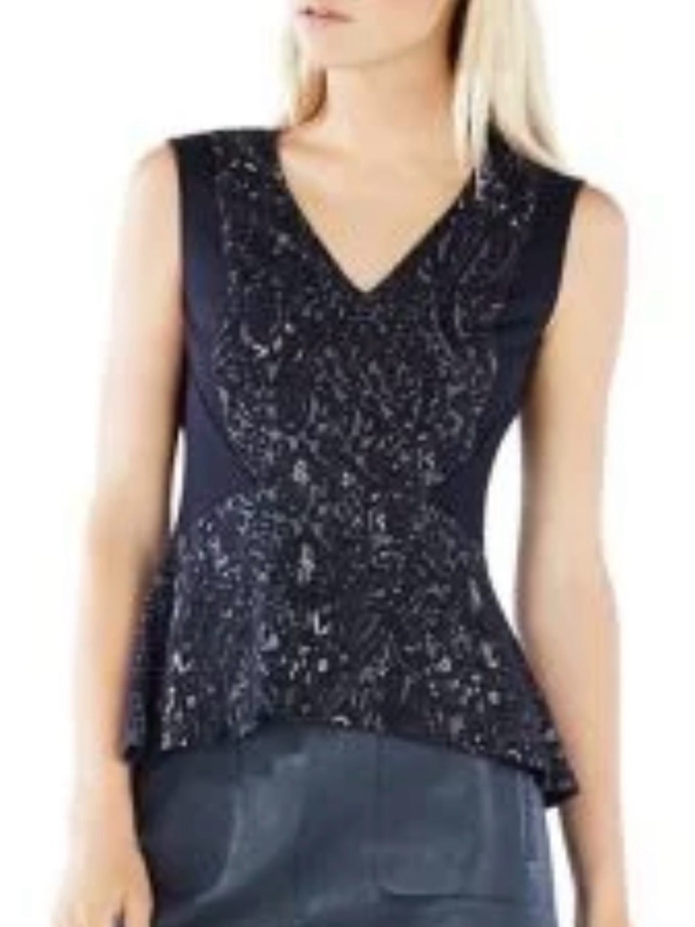BCBGMaxAzria Black Sleeveless V-Neck Sequin Peplum Top